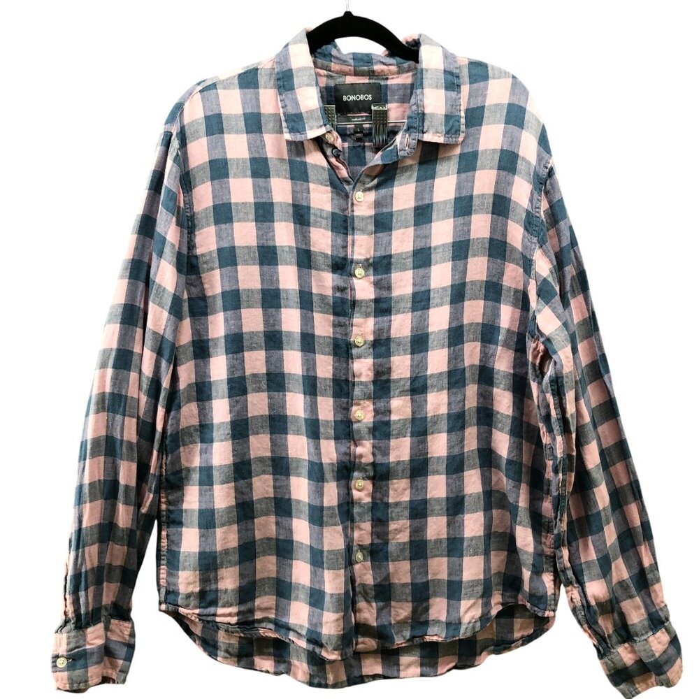 Bonobos 100%‎ Linen Shirt Mens L Pink Blue Check Button Up Standard Fit